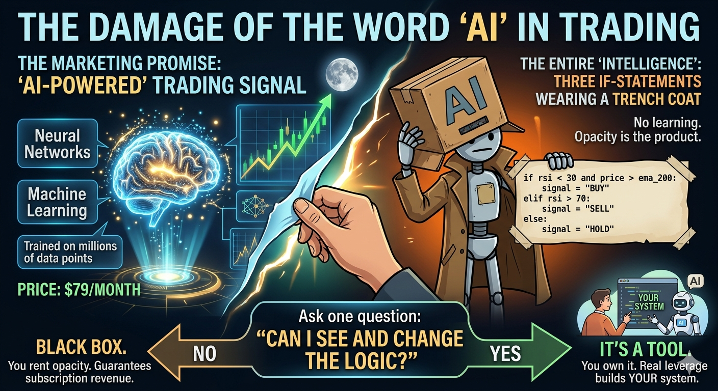 The damage of the word AI in trading — a robot in a cardboard AI box (trench coat) hiding three if-statements, versus a transparent tool you own and control.
